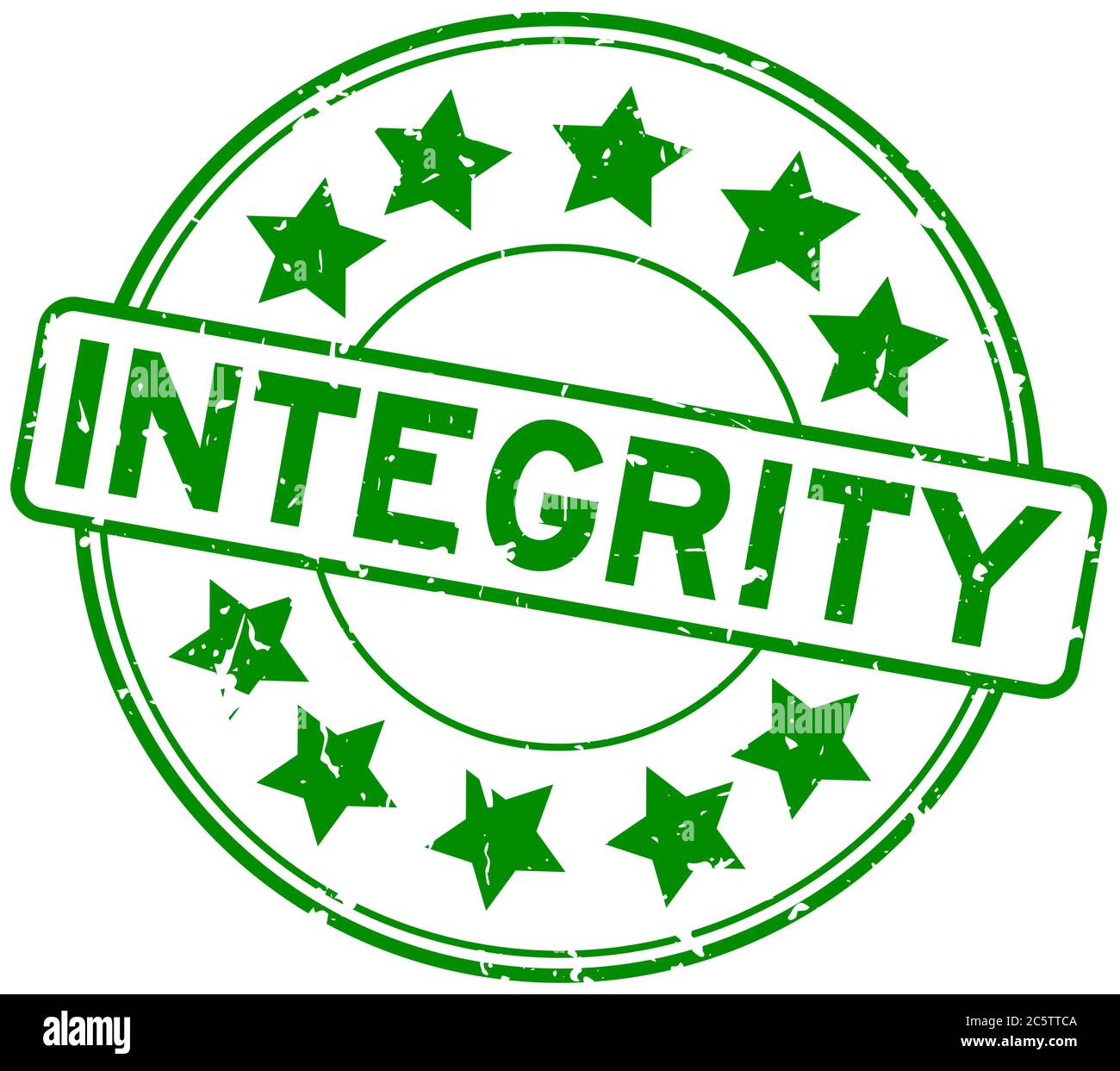 Grunge green integrity word with star icon rubber seal stamp on white background Stock Vector