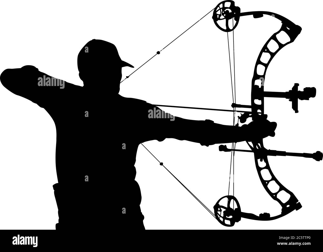 Silhouette of an archer aiming with a compound bow Stock Vector