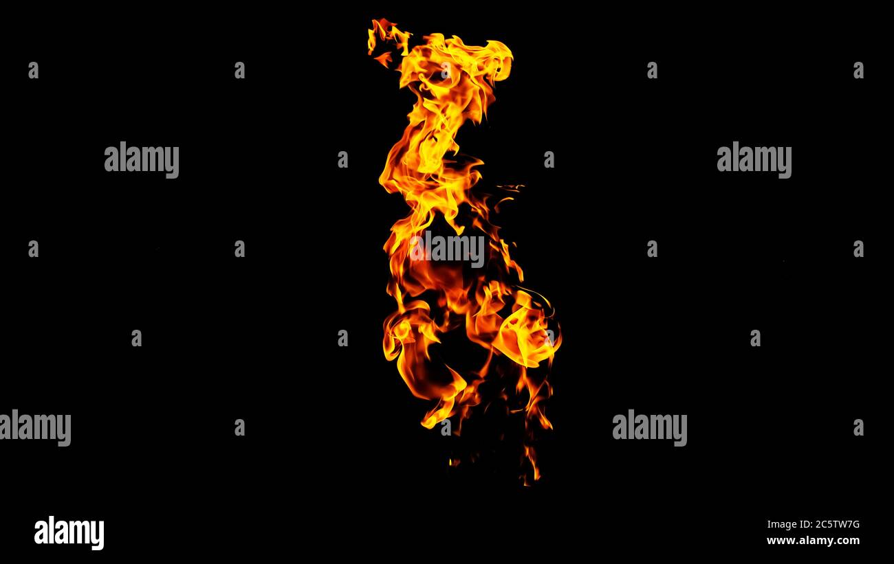 Fire flames on black background isolated. Burning gas or gasoline burns with fire and flames. Flaming burning sparks close-up, fire patterns. Infernal Stock Photo