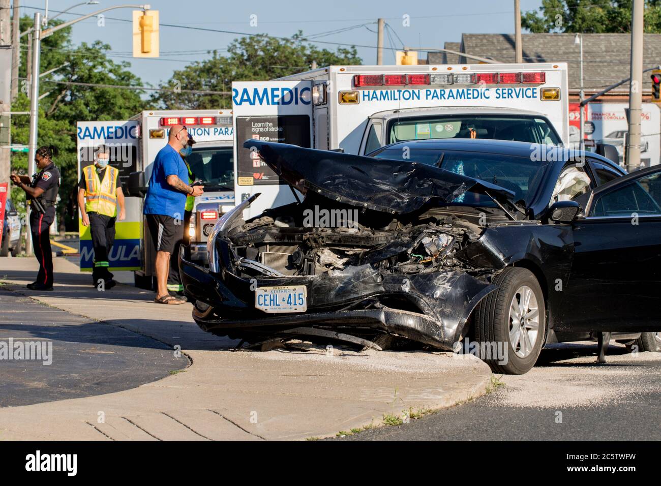 Car crash scene firefighters damage destruction hi-res stock ...