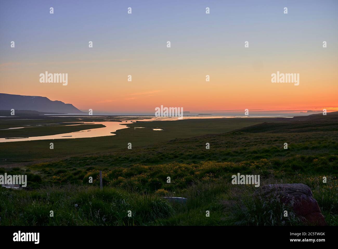 Midnight sunset in Skagafjordur in the north of Iceland Stock Photo
