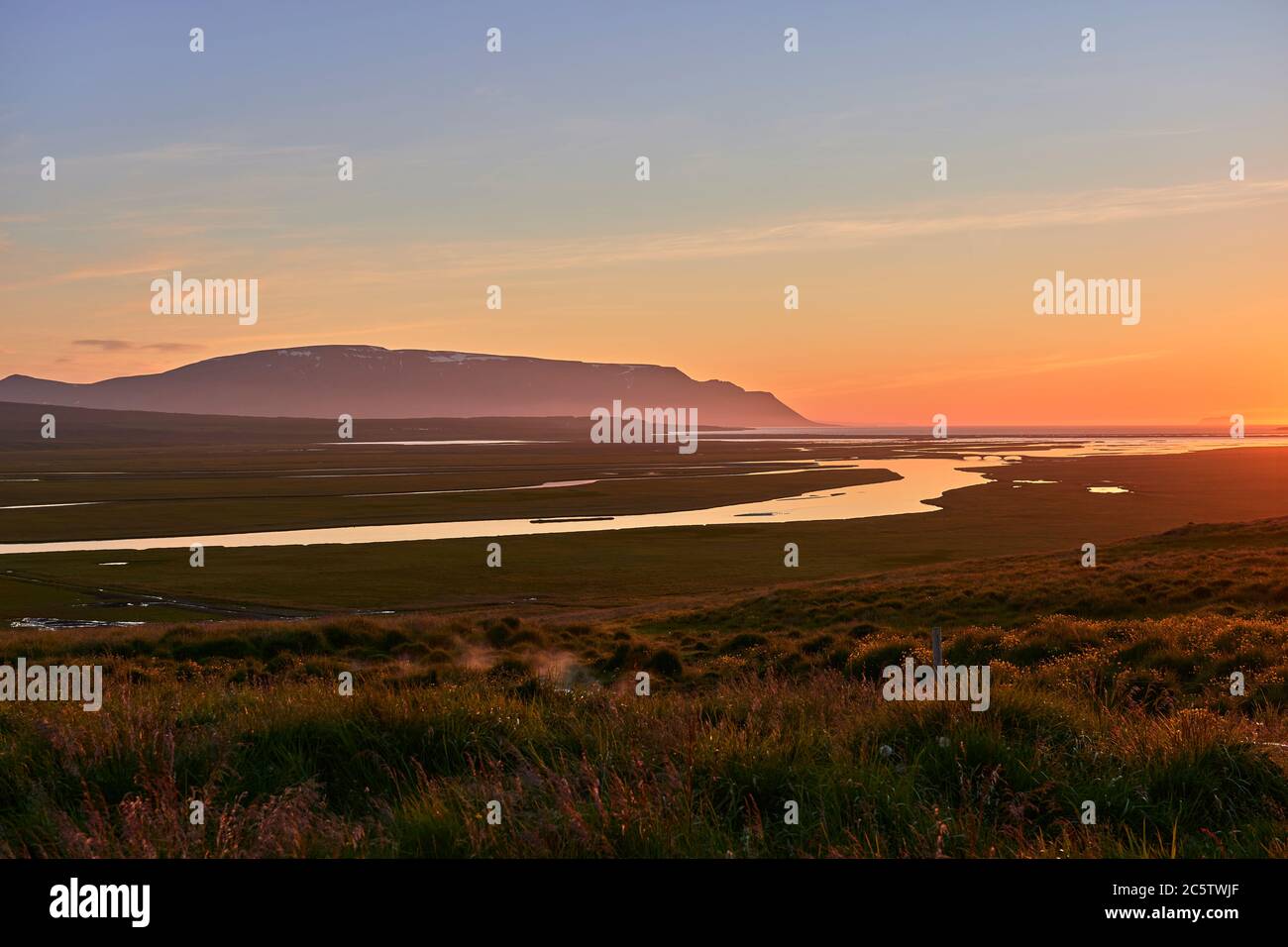 Midnight sunset in Skagafjordur in the north of Iceland Stock Photo