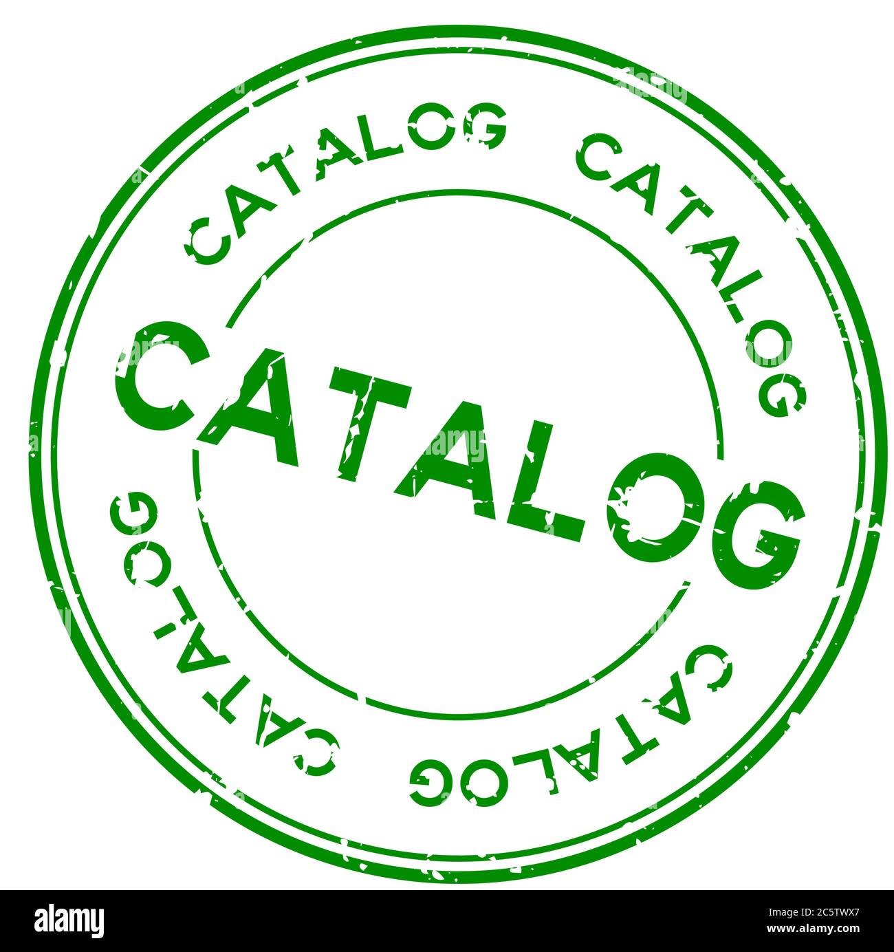 Grunge green catalog word round rubber seal business stamp on white