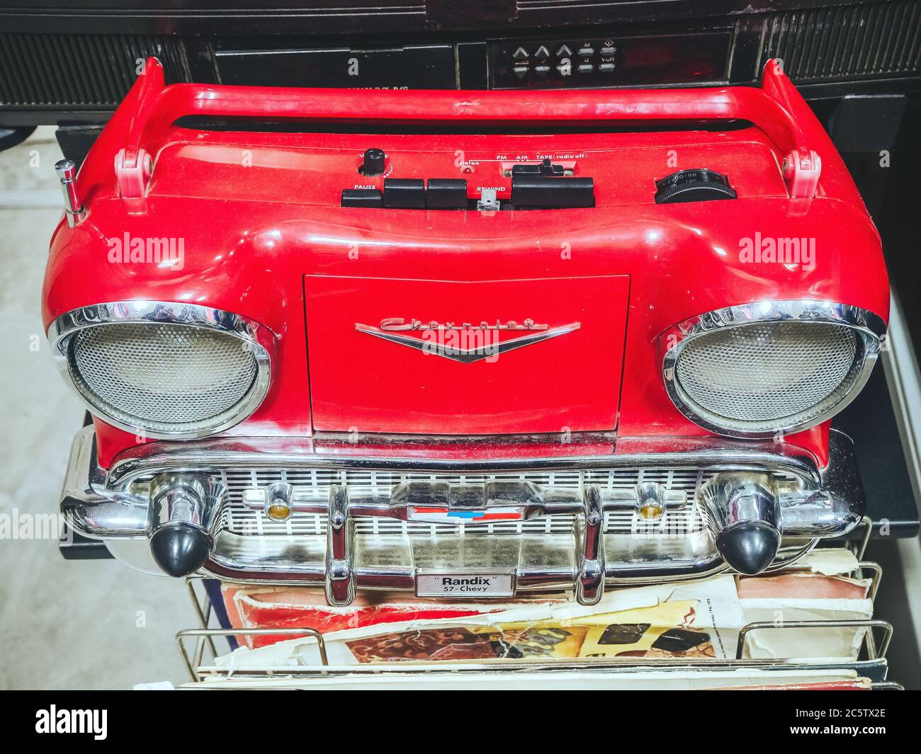 Russia, Sochi 14.03.2020. Red music player in the form of the front of a retro car. Retro Museum Exhibit Stock Photo