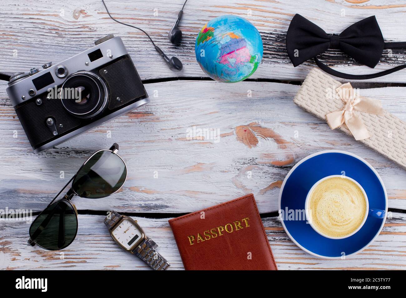 Flat lay vintage man's accessories with copy space. Stock Photo