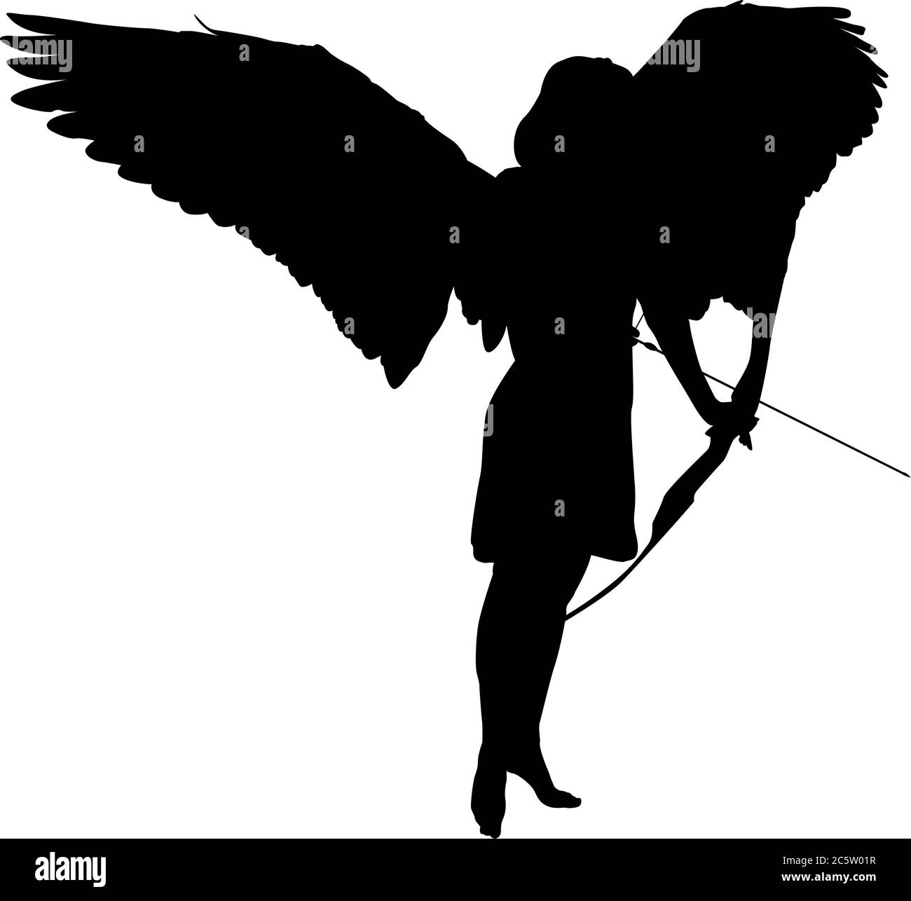 Silhouette of a winged angel holding a bow and arrow Stock Vector