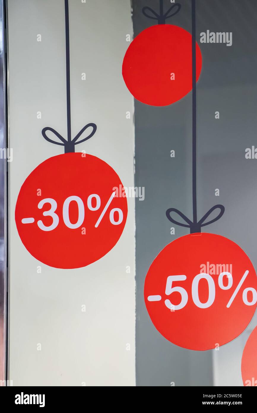 Discount banner for sale in a big shopping center. Stock Photo