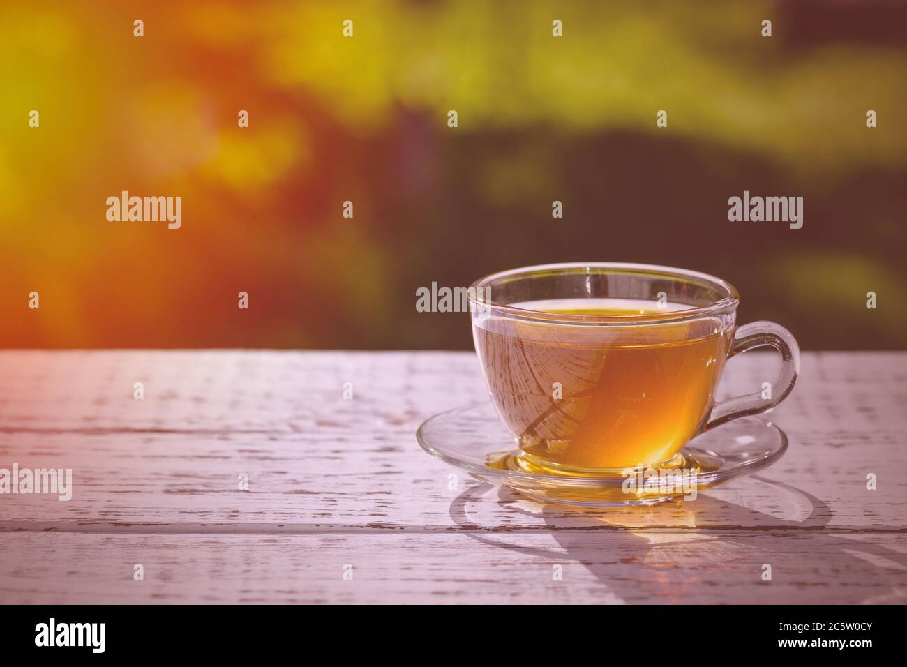 A cup of fragrant, fragrant tea, in the rays of the evening warm sunset. Stock Photo