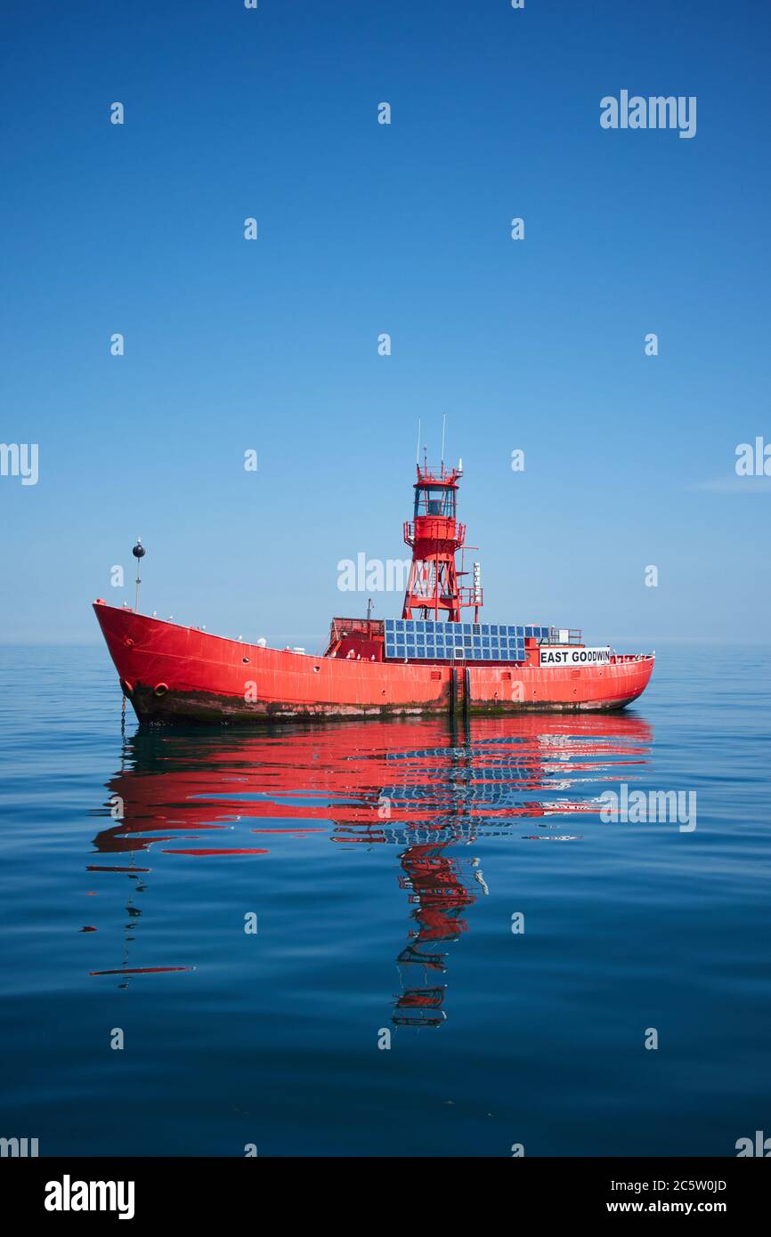 The East Goodwin Lightship, anchored near the Goodwin Sands, the great ship swallower, Kent, UK Stock Photo
