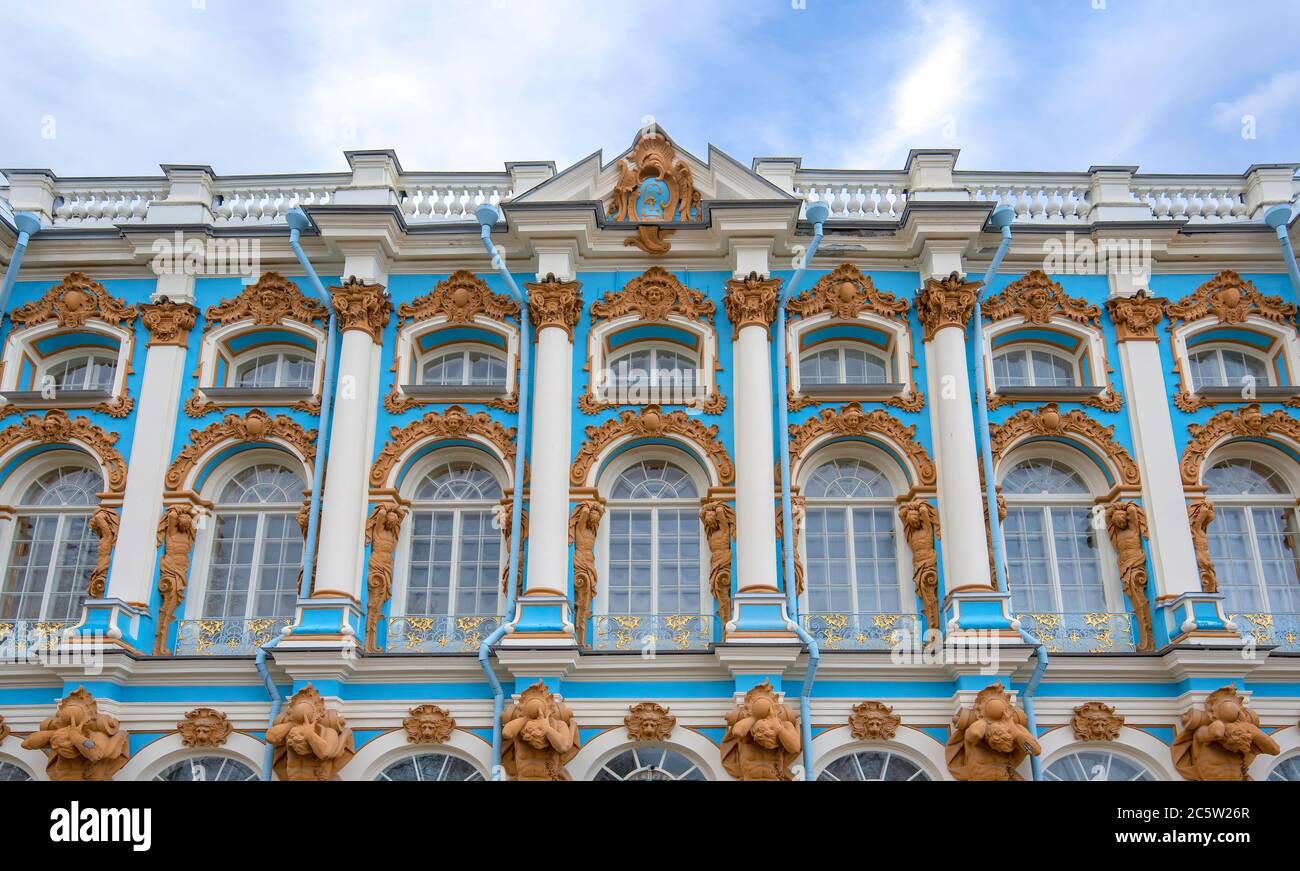 Tsarskoye Selo (Pushkin), Saint Petersburg, Russia. The Catherine Palace, located in the town of Tsarskoe selo. Russian residence of Romanov Tsars Stock Photo