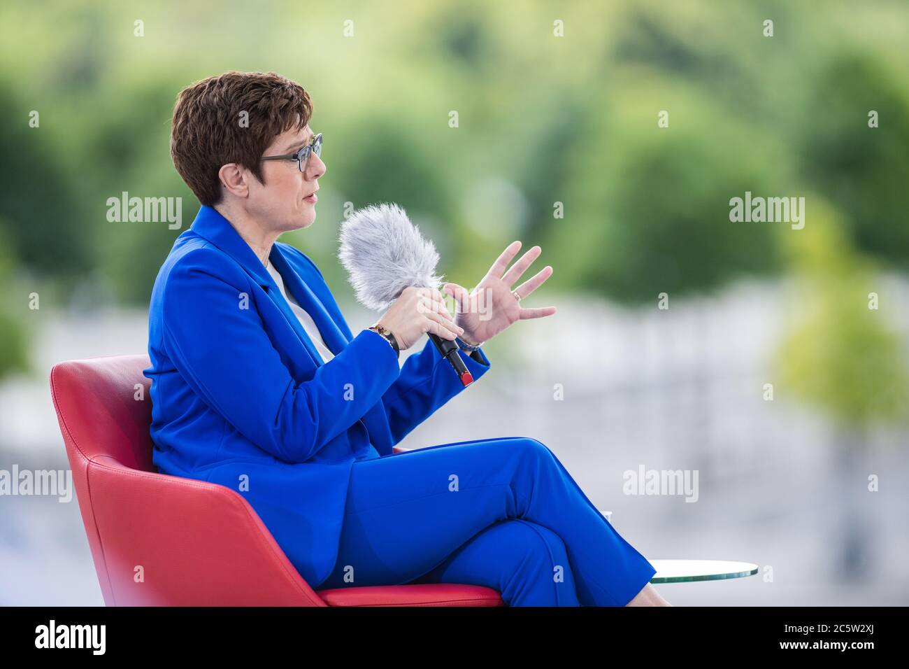 Berlin, Germany. 05th July, 2020. Annegret Kramp-Karrenbauer (CDU), Federal Minister of Defense and CDU Federal Chairwoman, answers the questions of moderator Hassel in the ARD summer interview. Credit: Christophe Gateau/dpa/Alamy Live News Stock Photo