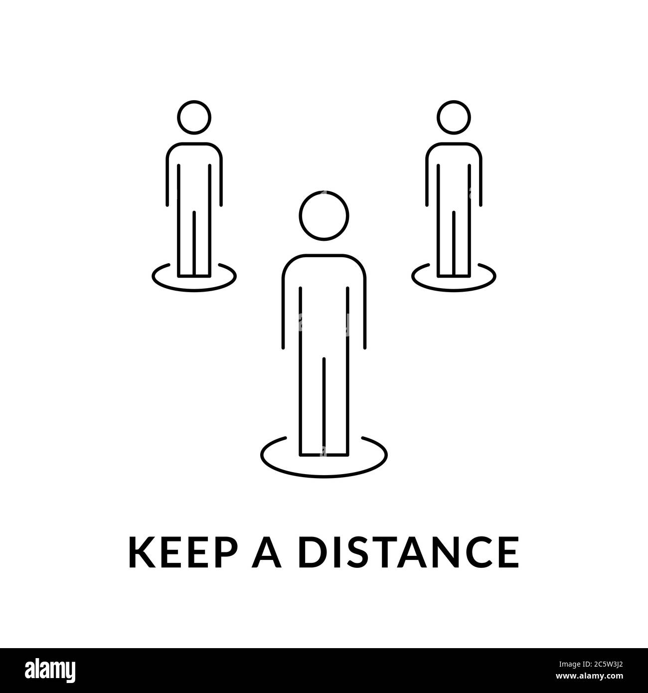 Please keep your distance concept. Three people standing in the circles. Social distancing idea. Line icon. Avoid crowding pictogram. Black outline Stock Vector