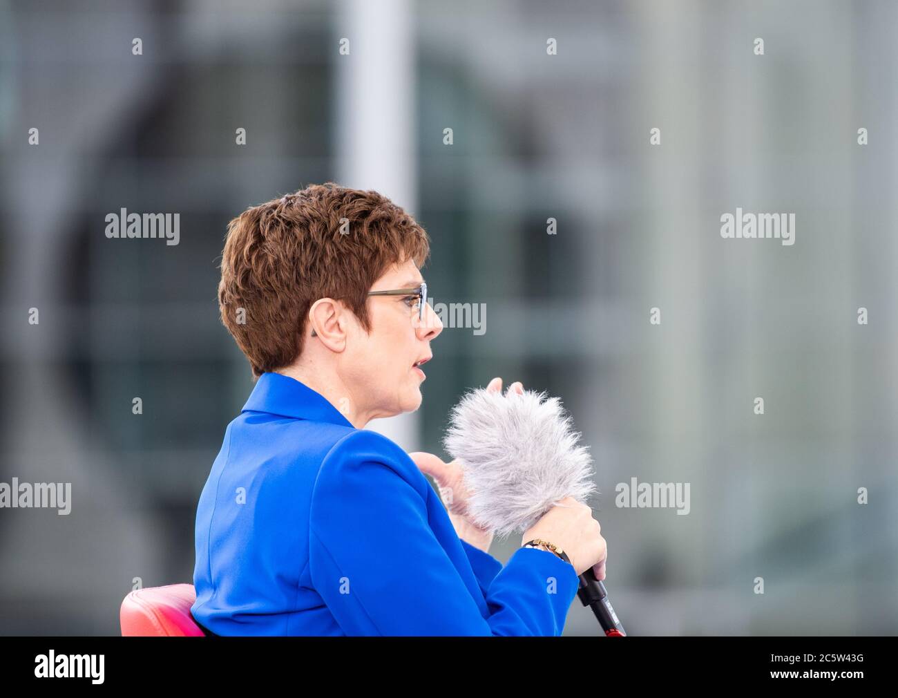 Berlin, Germany. 05th July, 2020. Annegret Kramp-Karrenbauer (CDU), Federal Minister of Defense and CDU Federal Chairwoman, answers the questions of moderator Hassel in the ARD summer interview. Credit: Christophe Gateau/dpa/Alamy Live News Stock Photo