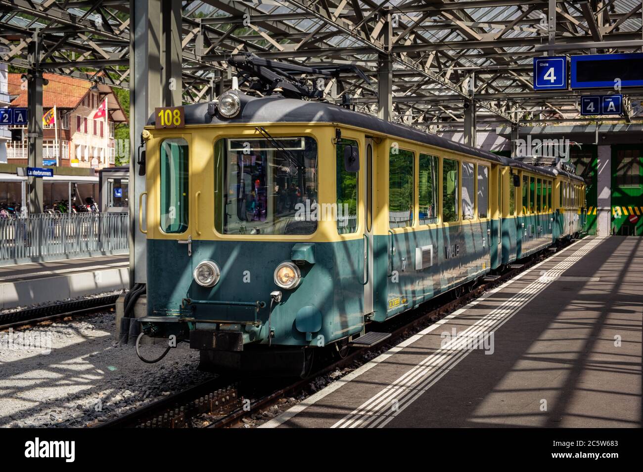 Lauterbrunnen, Berner Oberland, Switzerland - July 29 2019 : Old train of Wengernalpbahn (WAB) at the platform in the railway station Stock Photo