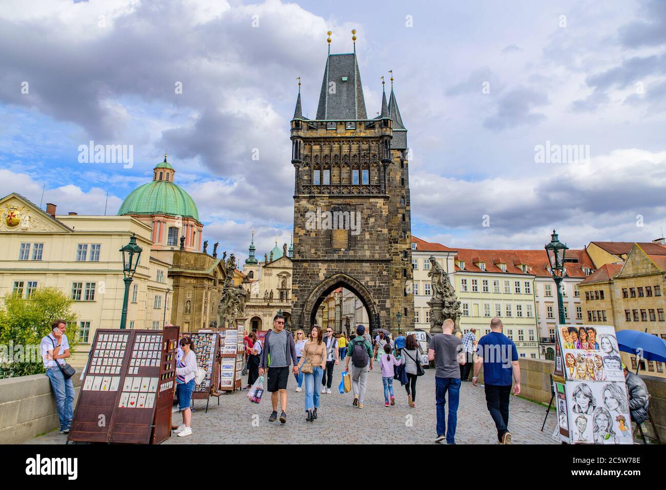 People on the Charles Bridge in Prague, Czech Republic Stock Photo