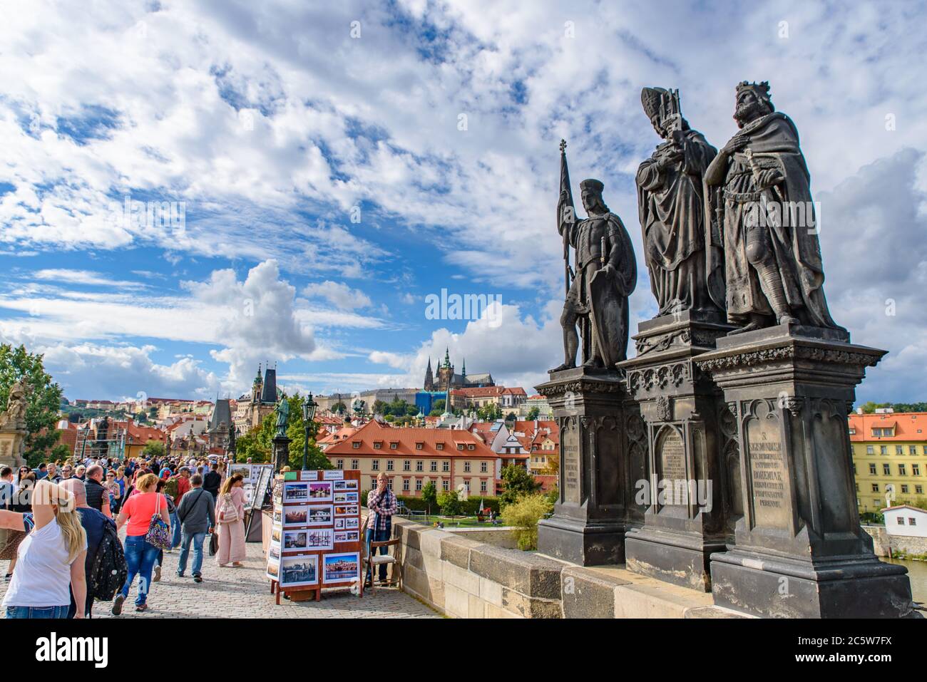 People on the Charles Bridge in Prague, Czech Republic Stock Photo