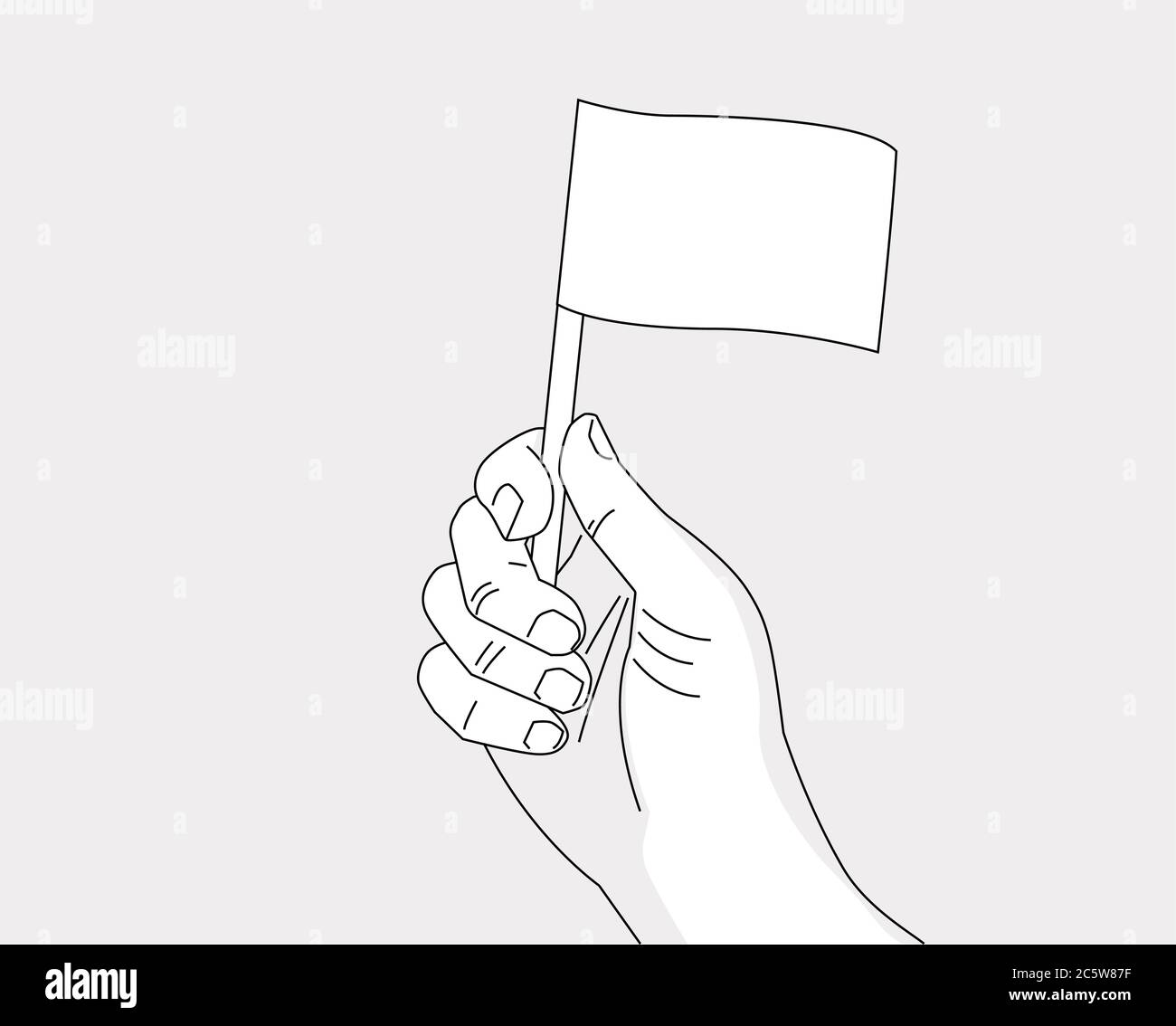 Hand holding flag - vector line art drawing template of a hand with a flag - no color, place your flag and color of skin Stock Vector