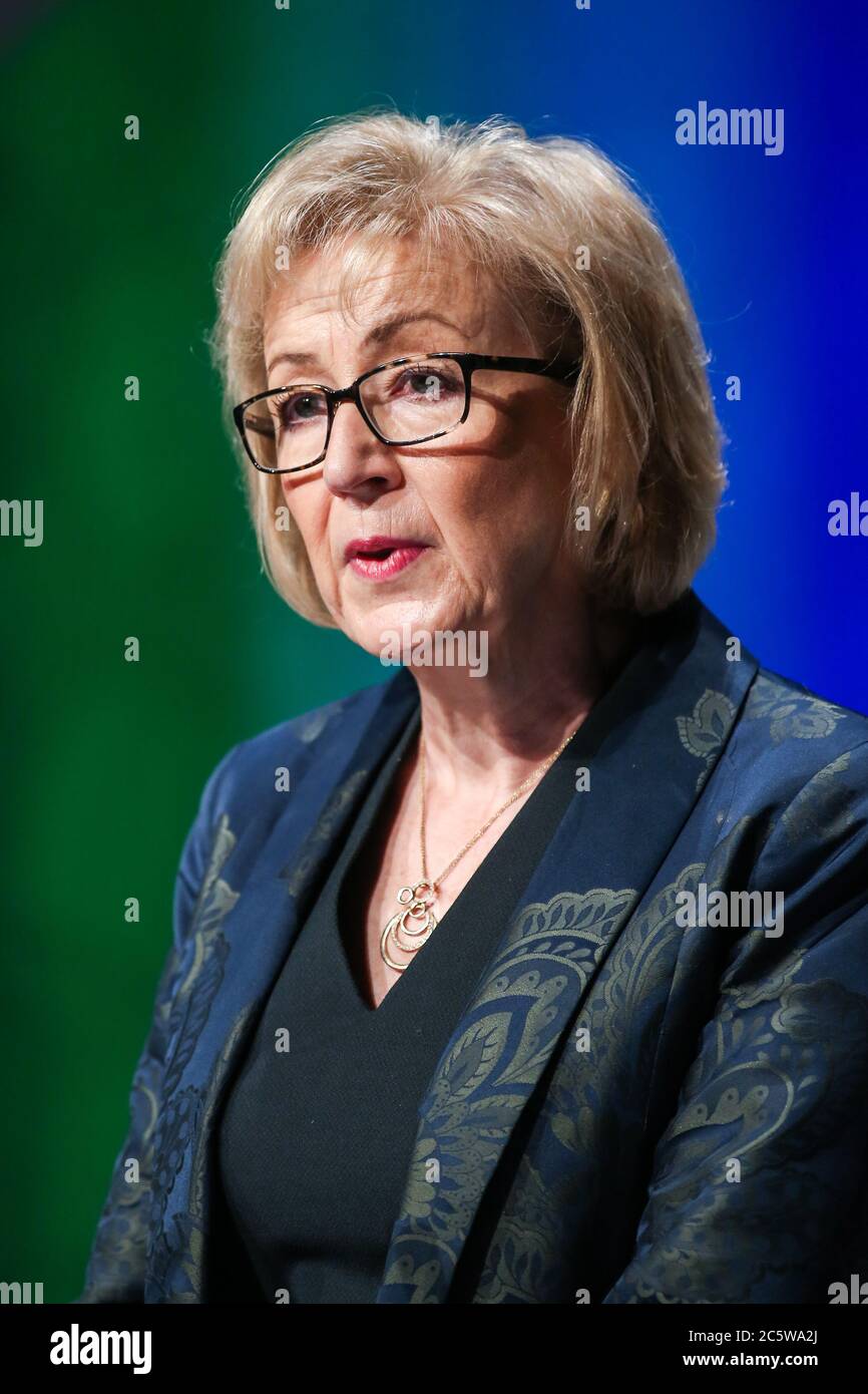 Secretary of State for DEFRA Andrea Leadsom speaking at the 2017 NFU Conference at the ICC in Birmingham, West Midlands, UK. Stock Photo