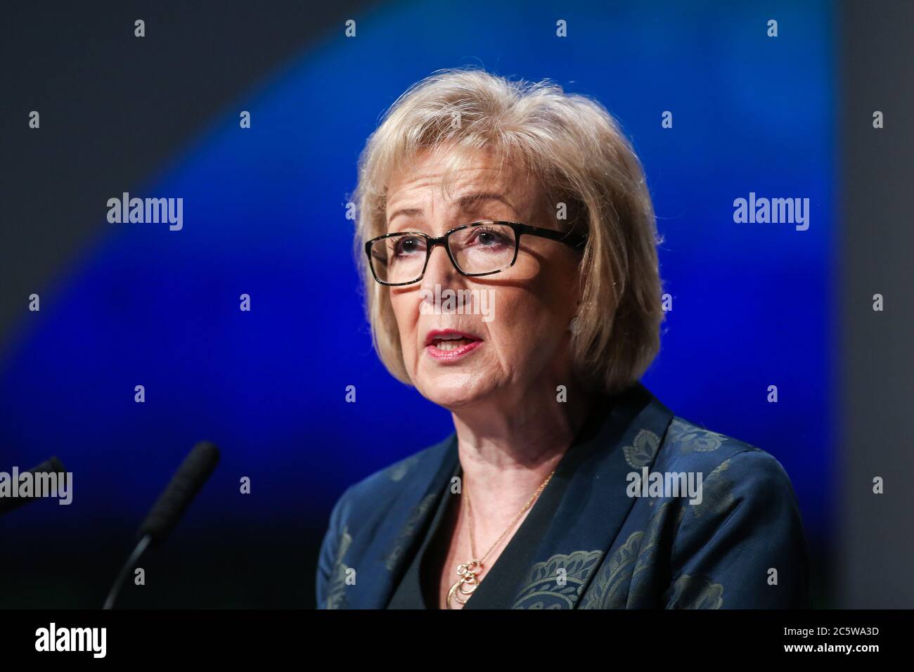 Secretary of State for DEFRA Andrea Leadsom speaking at the 2017 NFU Conference at the ICC in Birmingham, West Midlands, UK. Stock Photo