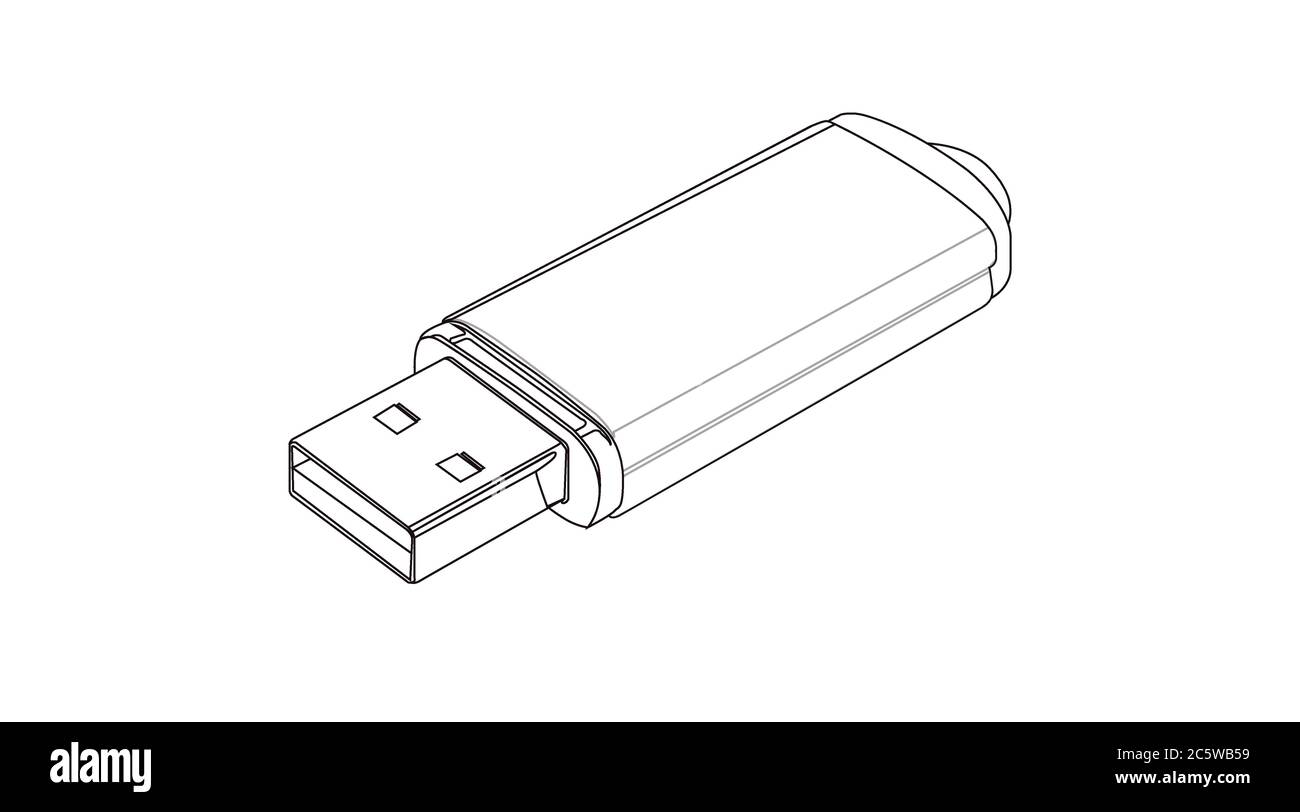 Vector Isolated Black and White Illustration of a USB drive device