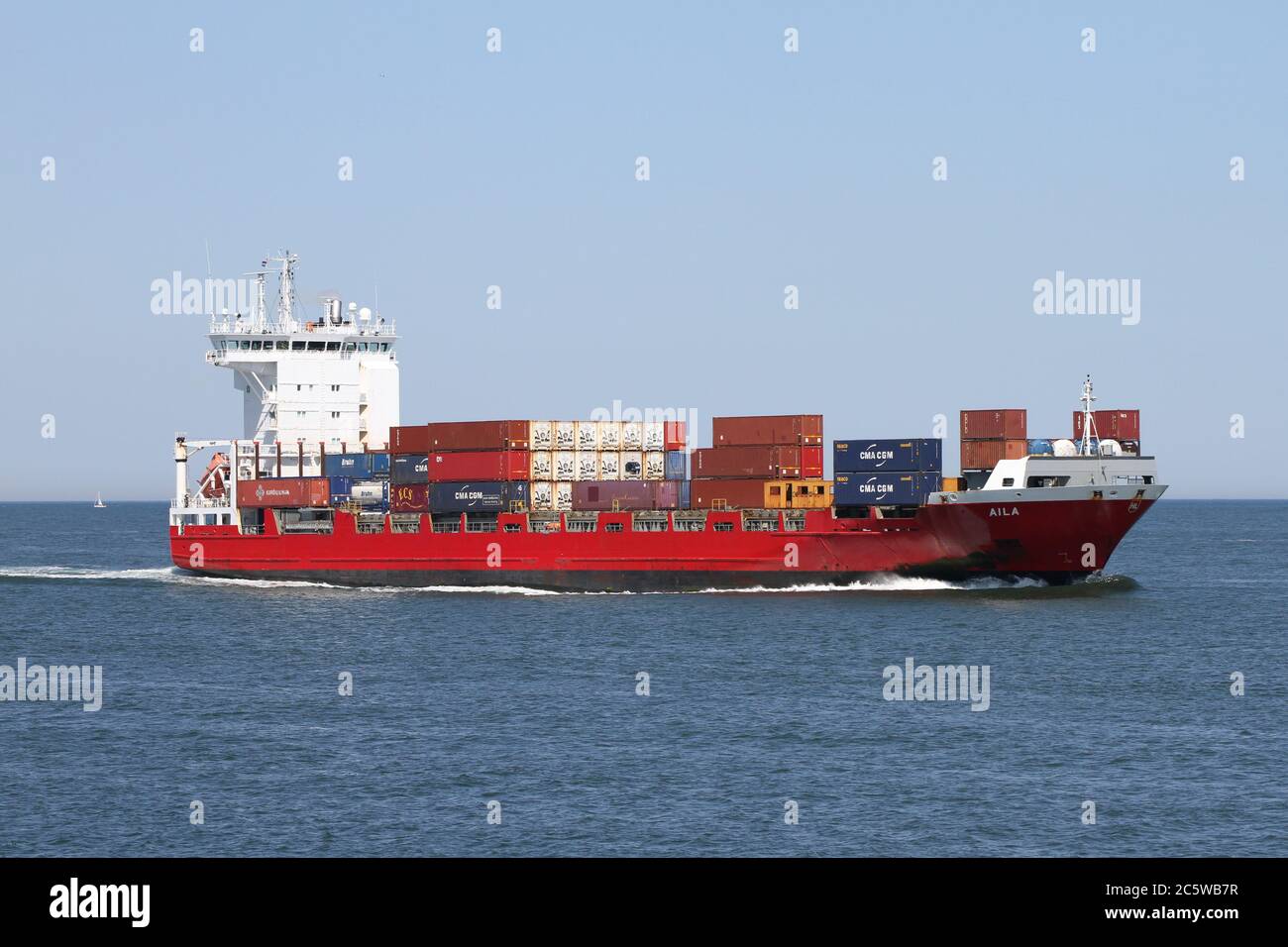 The feeder ship Aila will reach the port of Rotterdam on May 30, 2020. Stock Photo