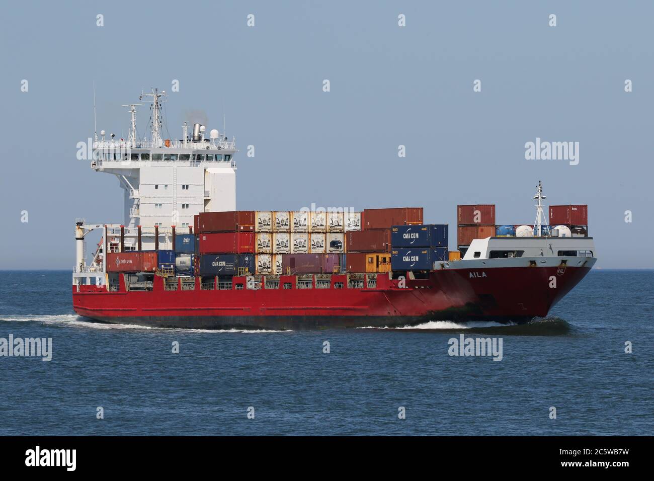 The feeder ship Aila will reach the port of Rotterdam on May 30, 2020. Stock Photo