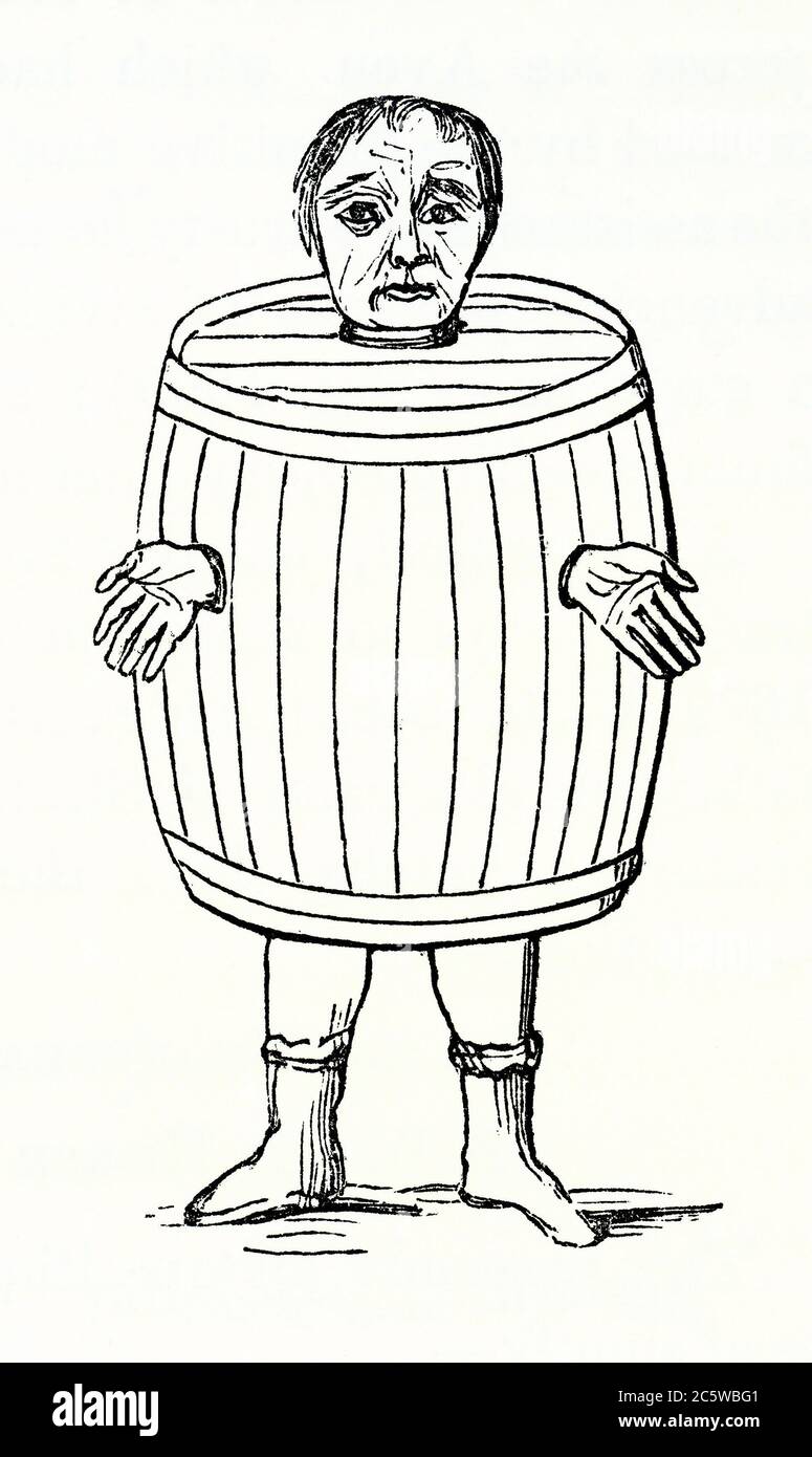 An old engraving showing a 'drunkard's cloak' ('drunk's cloak' or a 'Newcastle cloak' in the north of England). Wearing this in public was a form of punishment and shame. It was used in from the Middle Ages onwards for people who abused alcohol. It comprised of a wooden barrel worn by the accused, which had a hole cut in the top for the person's head and sometimes two holes in the sides for their arms. Stock Photo