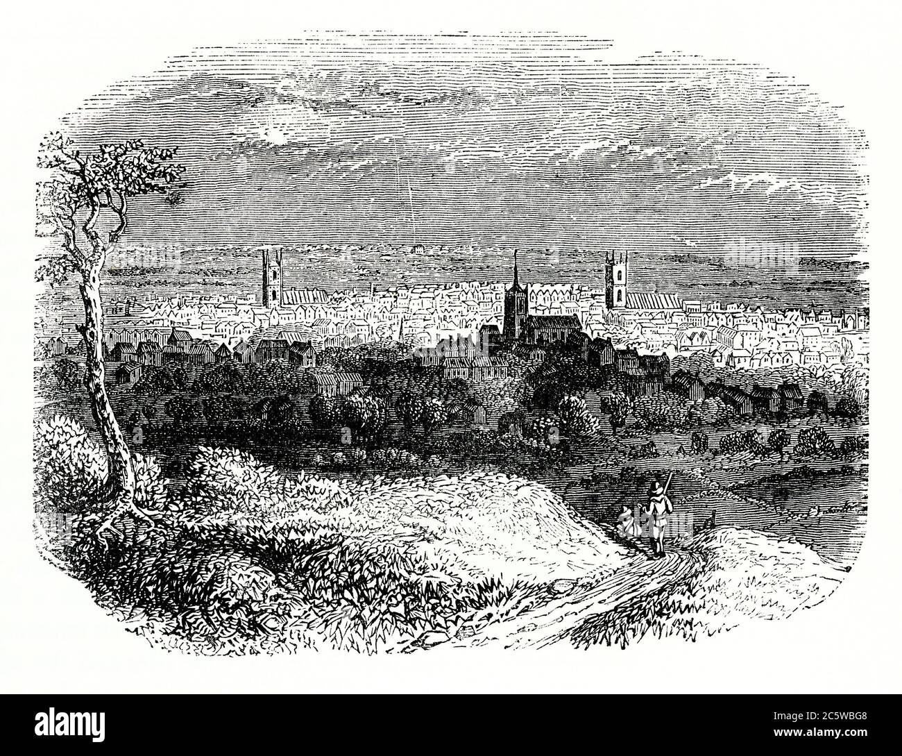An old engraving of Reading, Berkshire, England, UK. The view is from the north at Caversham Hill. The large market town sits on the confluence of the rivers Thames and Kennet. Stock Photo
