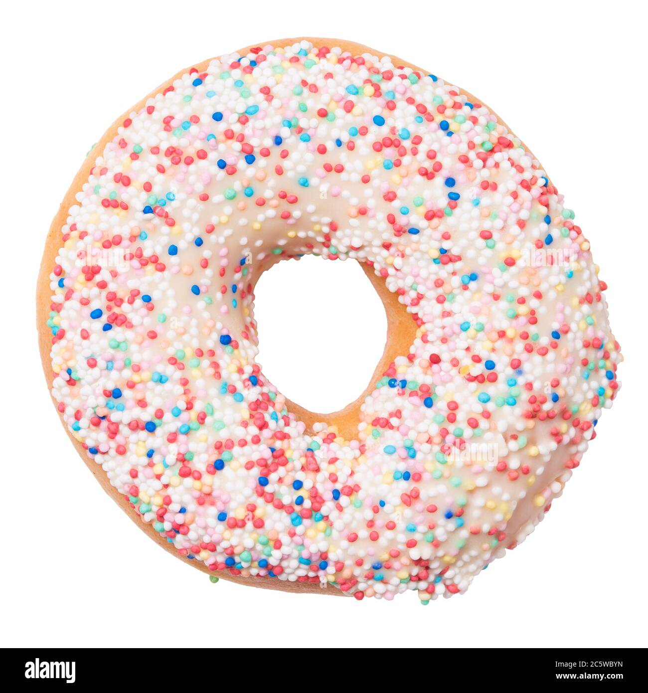 Fresh tasty donut with coloured sprinkles isolated on white background