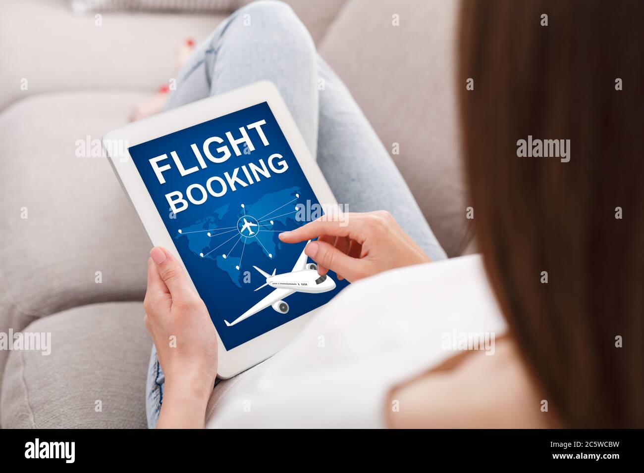 Woman Buying Air Tickets Using Tablet Sitting Indoors, Cropped, Collage