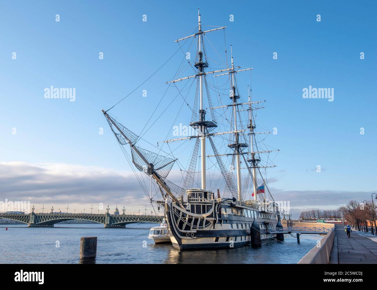 Saint Petersburg, Russia. A wooden old warship converted into a restaurant and moored to the banks of the Neva river Stock Photo