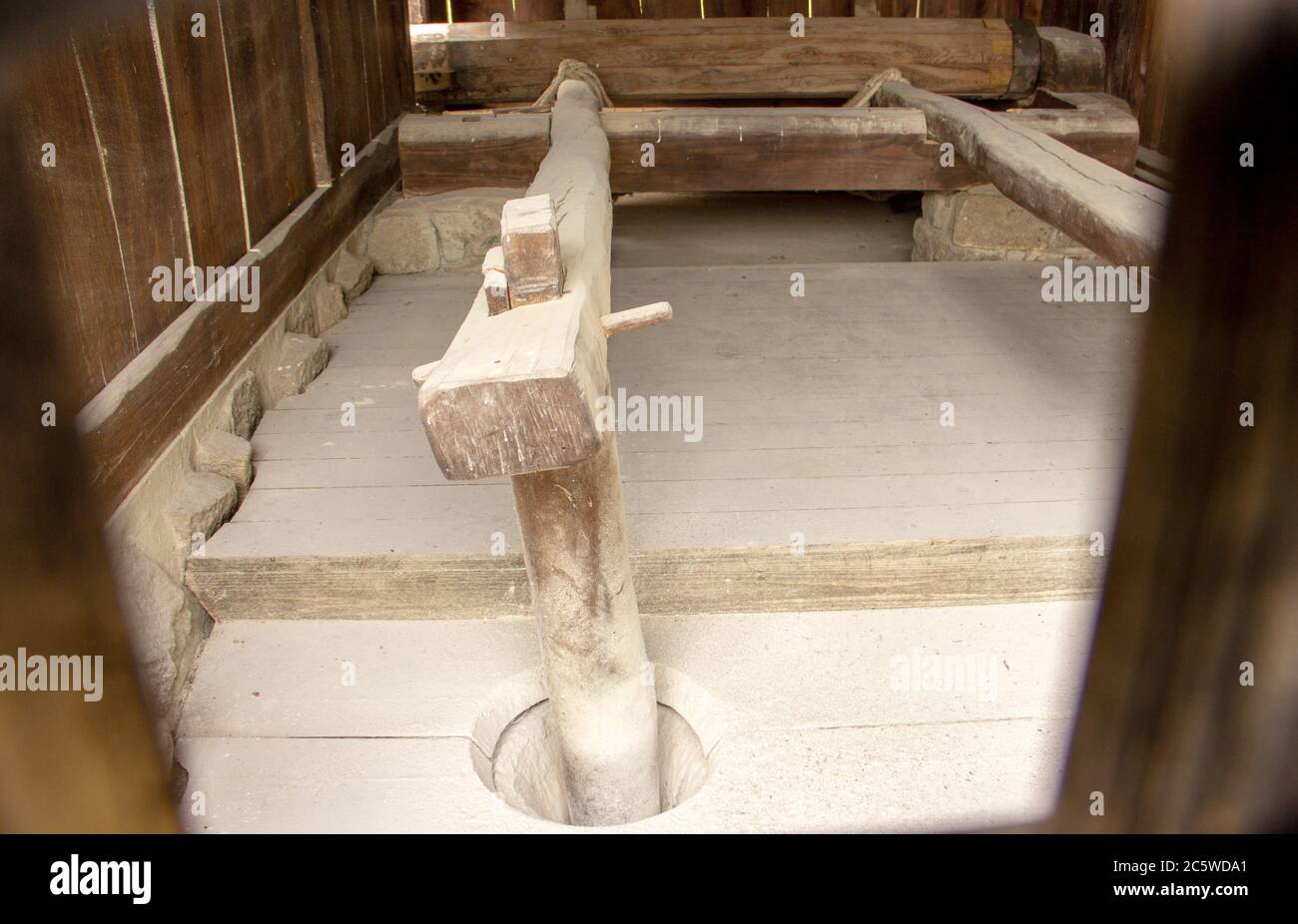 View of a striking mechanism from a water mill from Korea Stock Photo