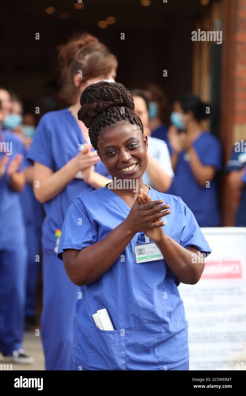Winchester, Hampshire, UK. 5th July 2020. Clap for carers appreciation at Royal Hampshire County Hospital in Winchester, celebrating the 72nd anniversary of the NHS. Staff at the hospital took part in the applause, before singing happy birthday to the NHS. Credit Stuart Martin/Alamy Live News Stock Photo