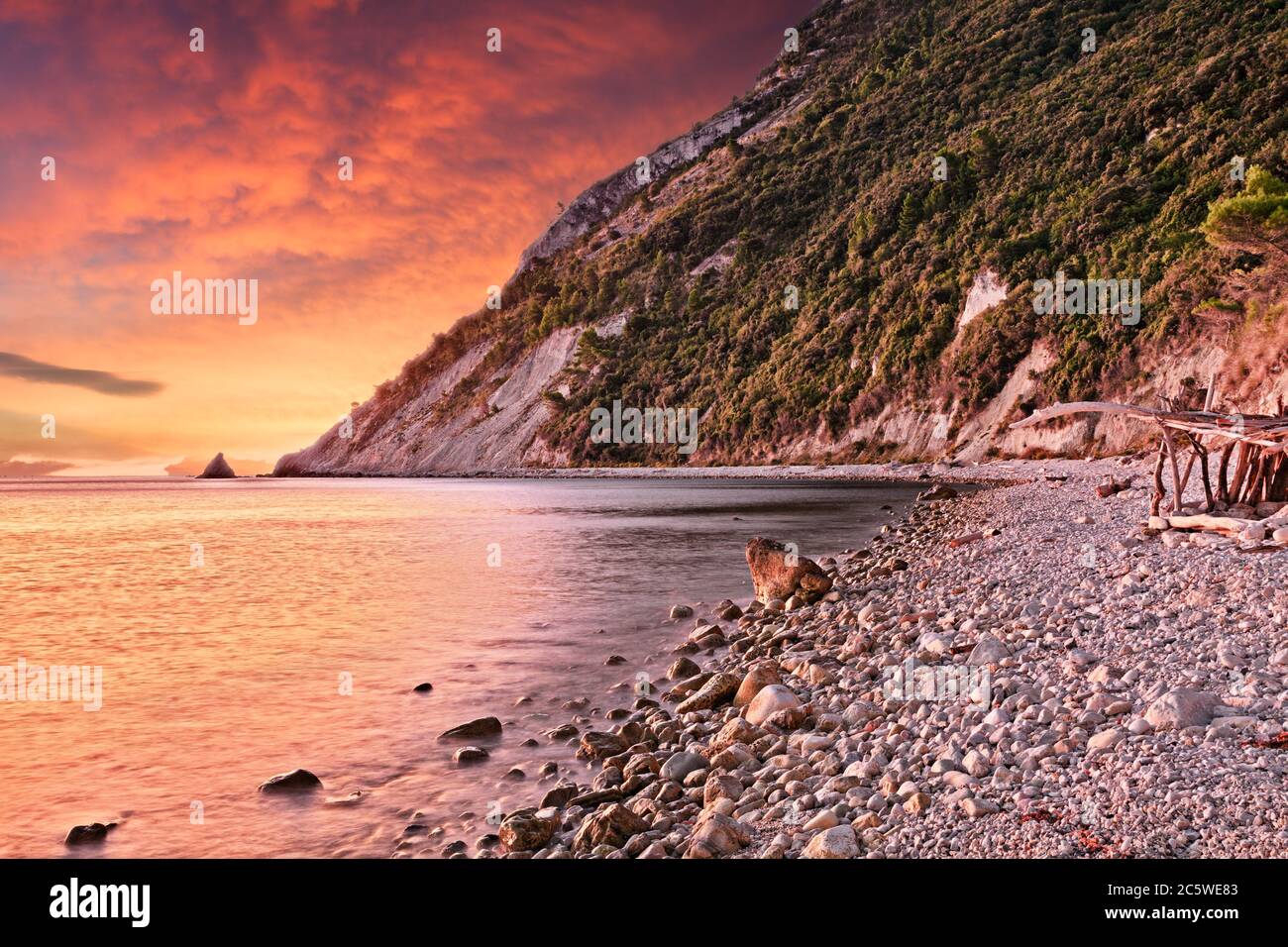 Portonovo, Ancona, Marche, Italy: landscape at dawn of the beach on the Adriatic sea coast in the Conero regional park Stock Photo