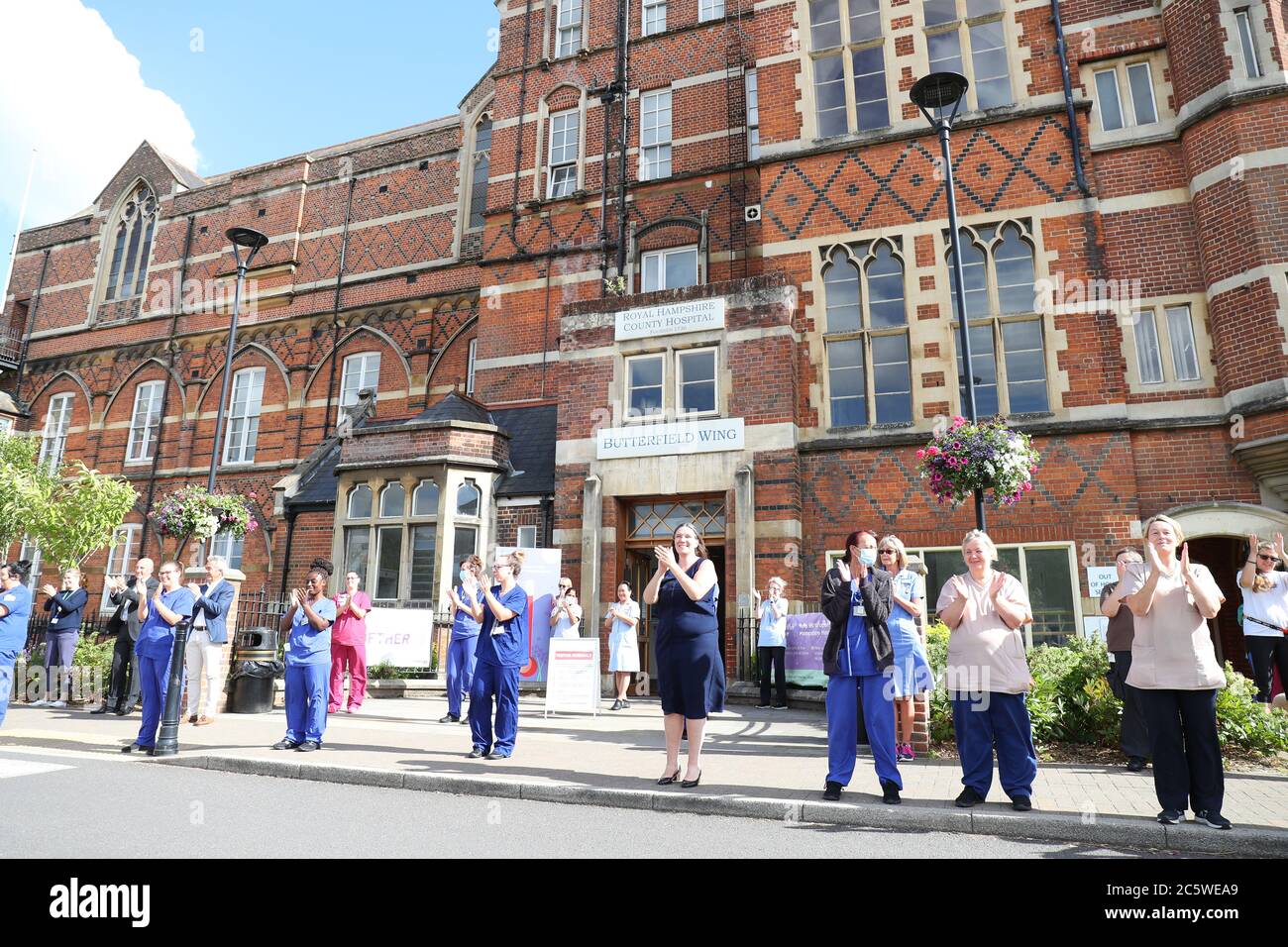 Winchester, Hampshire, UK. 5th July 2020. Clap for carers appreciation at Royal Hampshire County Hospital in Winchester, celebrating the 72nd anniversary of the NHS. Staff at the hospital took part in the applause, before singing happy birthday to the NHS. Credit Stuart Martin/Alamy Live News Stock Photo