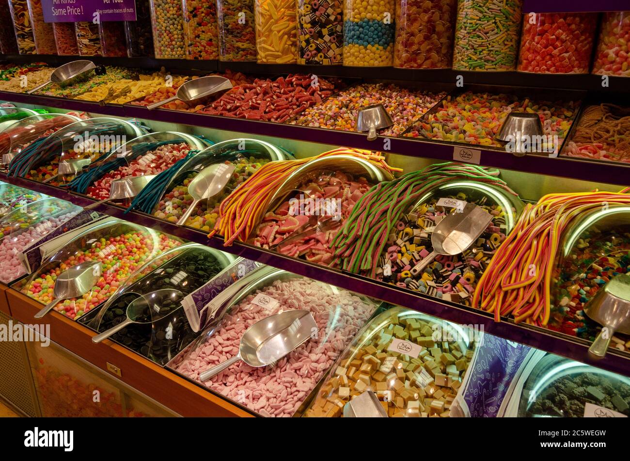 Various types of candies, jellies and sweets to buy, in pick and choose