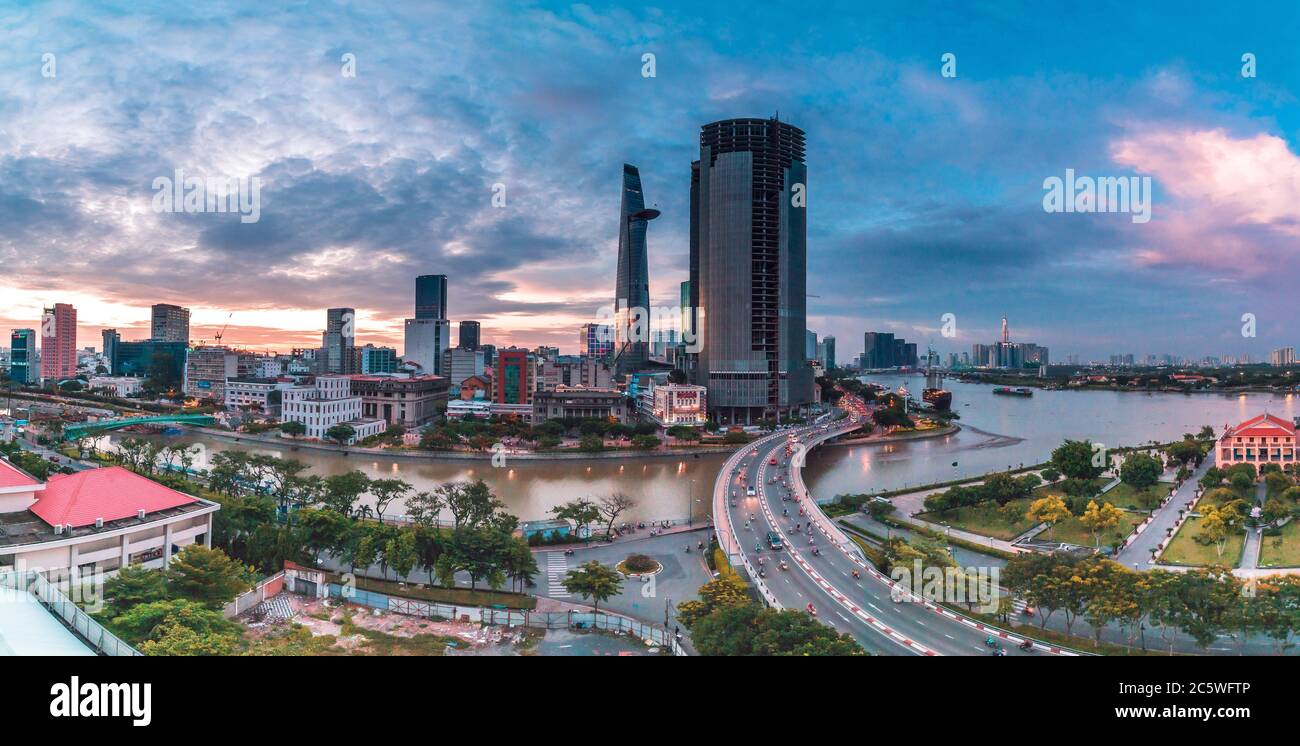 SAIGON, VIETNAM - JULY 04, 2020: Ho Chi Minh city at sunset, Khanh Hoi ...