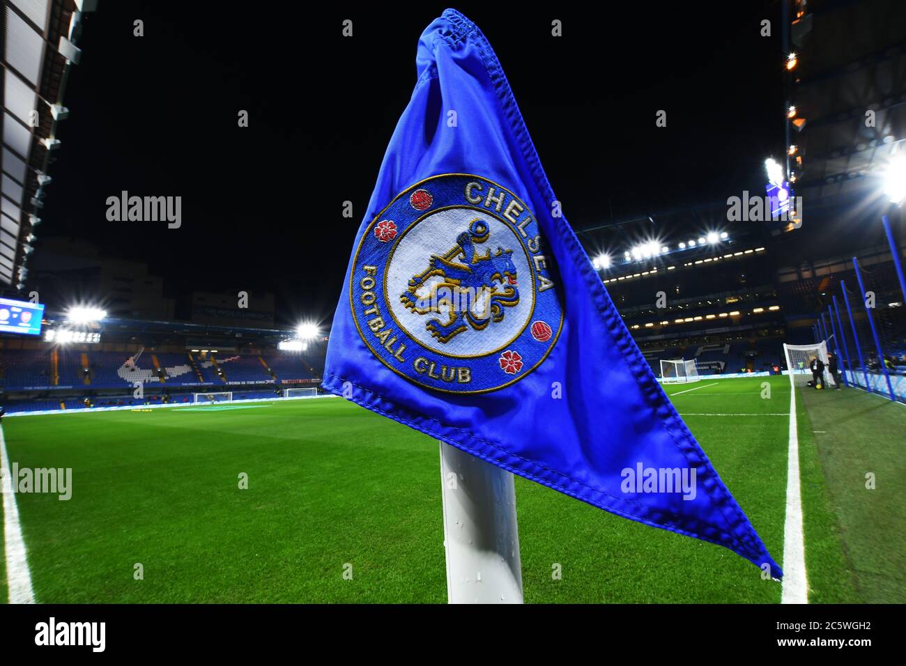 LONDON, ENGLAND - JANUARY 21, 2020: Corner flag with Chelsea crest pictured ahead of the 2019/20 Premier League game between Chelsea FC and Arsenal FC at Stamford Bridge. Stock Photo