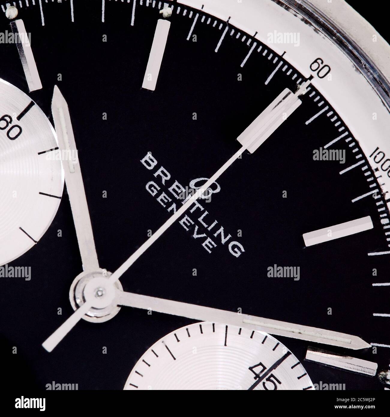 Breitling logo. Breitling Geneve watch company logos on a 1960 vintage chronograph wristwatch. Breitling Top Time. Used in 1965 Bond film Stock Photo