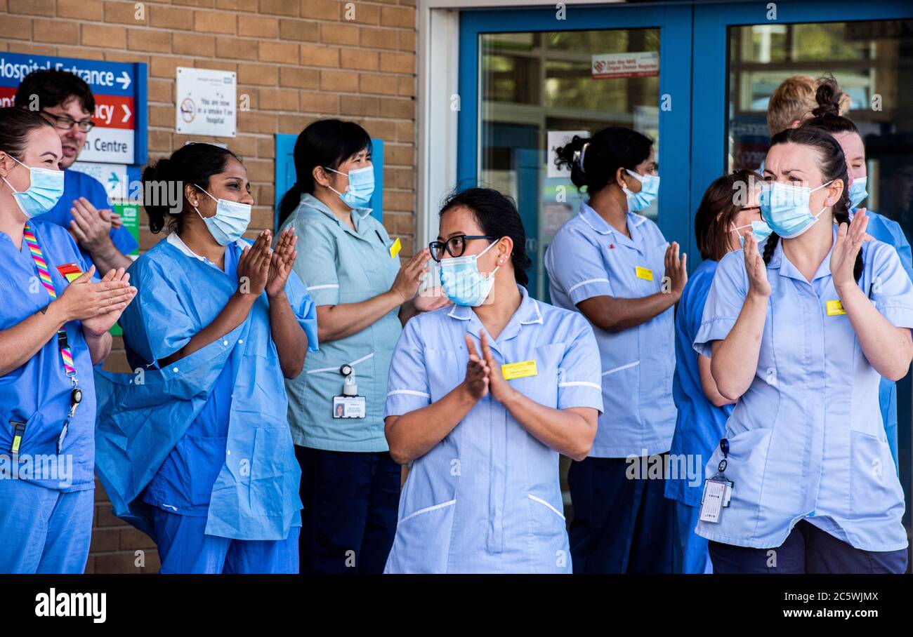 Harrogate, North Yorkshire, UK. 5th July, 2020. NHS staff gather outside Harrogate Hospital to celebrate the NHS's 72nd birthday and to say tank you to all the key workers who have helped the public through the pandemic. Credit: ernesto rogata/Alamy Live News Stock Photo