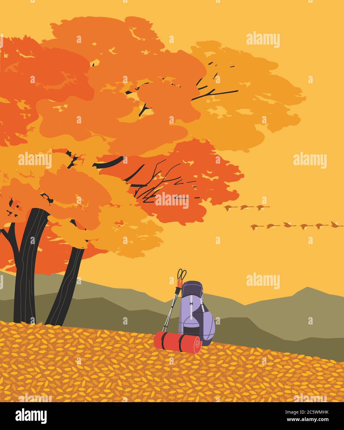 Autumn mountains hiking flat color vector poster Stock Vector