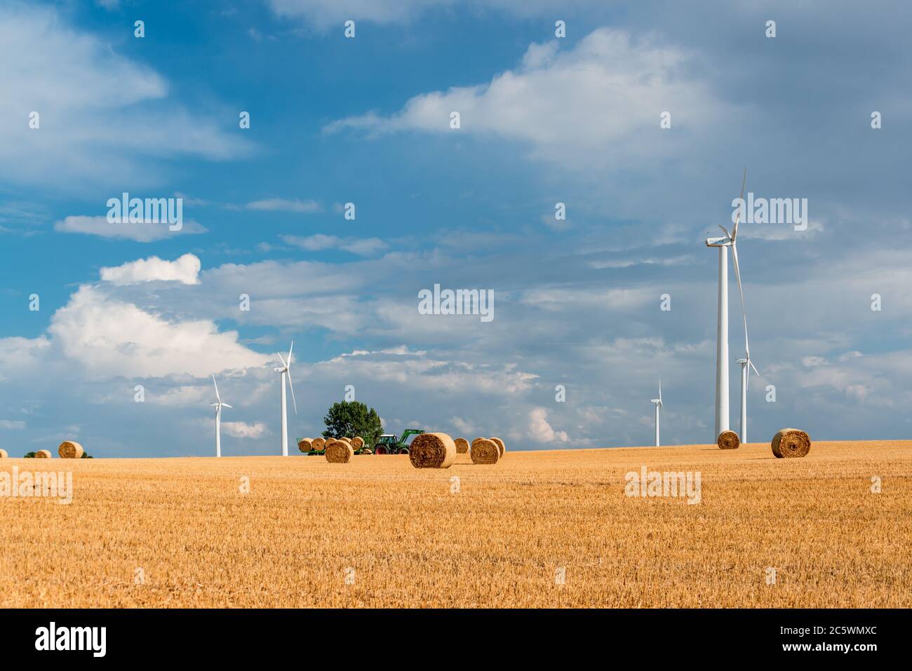 Windkraftanlagen auf einem Getreidefeld in Schleswig-Holstein während der Ernte in Herbst Stock Photo