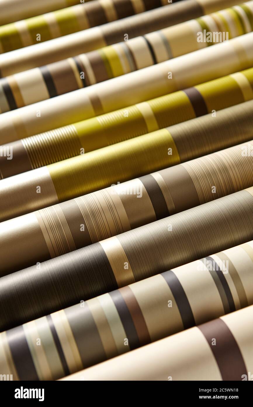 Close-up of variety of multicolored wallpaper rolls in a store Stock Photo