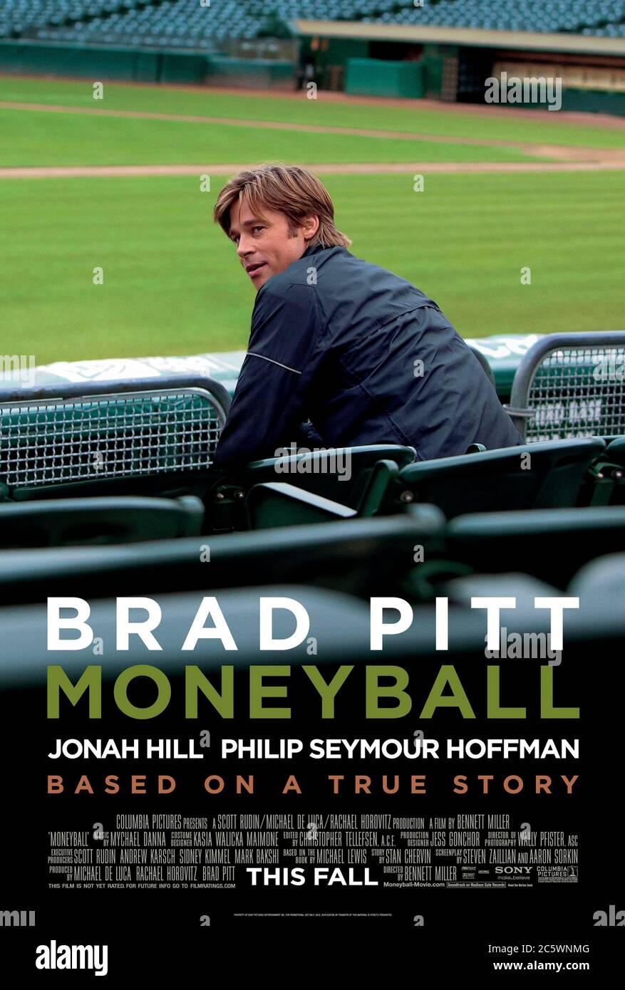 Moneyball (2011) directed by Bennett Miller and starring Brad Pitt, Robin Wright and Jonah Hill. True story about coach Billy Beane who creats a successful baseball team on a tight budget using statistical analysis based on the bestselling book by Michael Lewis. Stock Photo