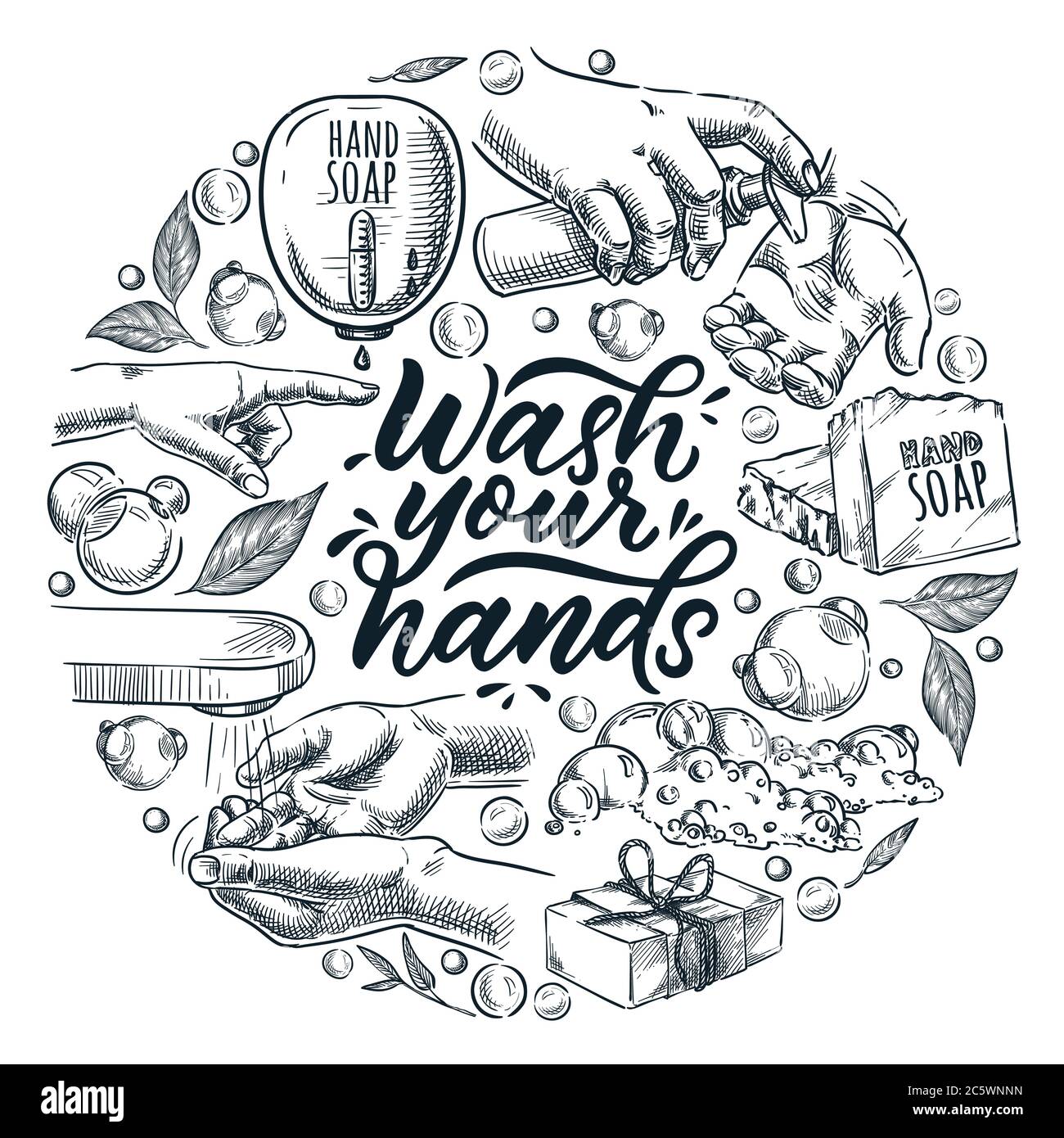 Wash your hands calligraphy lettering poster, banner, or label design template. Vector sketch illustration of human hand, water tap, soap and bubbles. Stock Vector