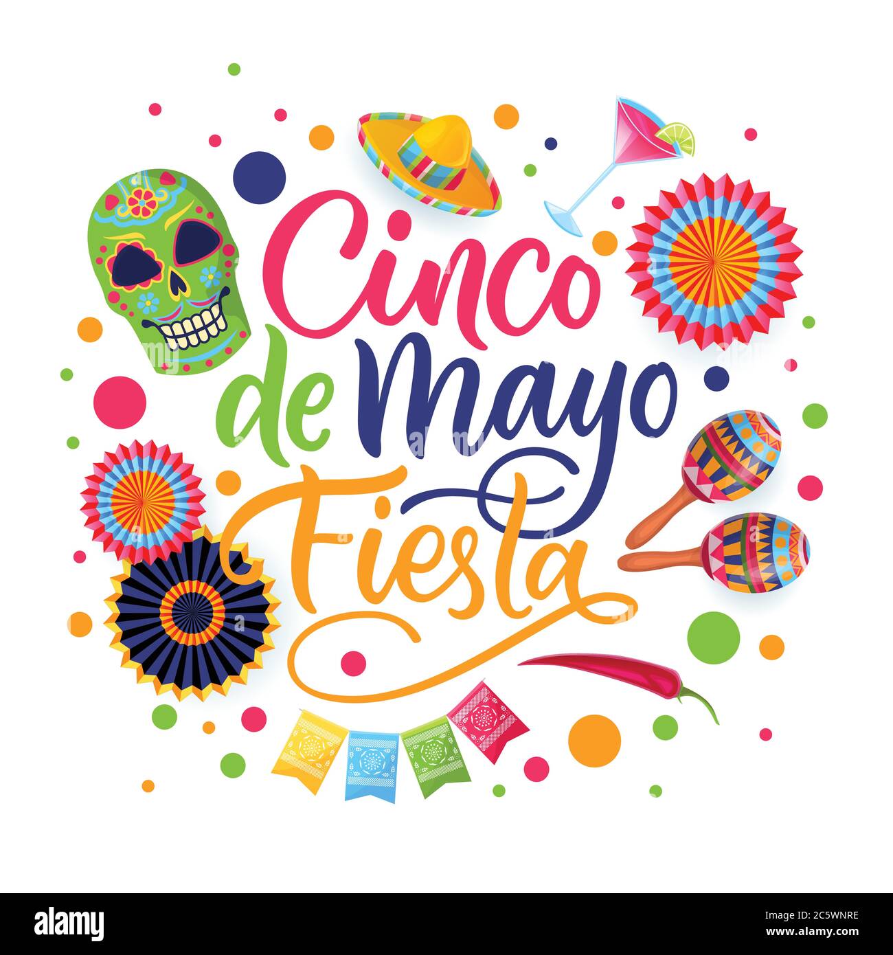 Cinco de Mayo Fiesta hand drawn calligraphy lettering and Mexican national symbols, isolated on white background. Greeting gift card, banner or poster Stock Vector