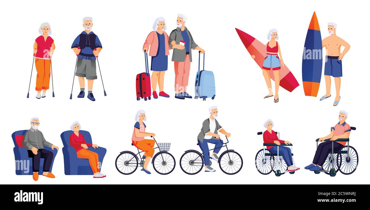 Elderly retirement couples set, isolated on white background. Vector flat cartoon old characters illustration. Senior men and women outdoor and at hom Stock Vector