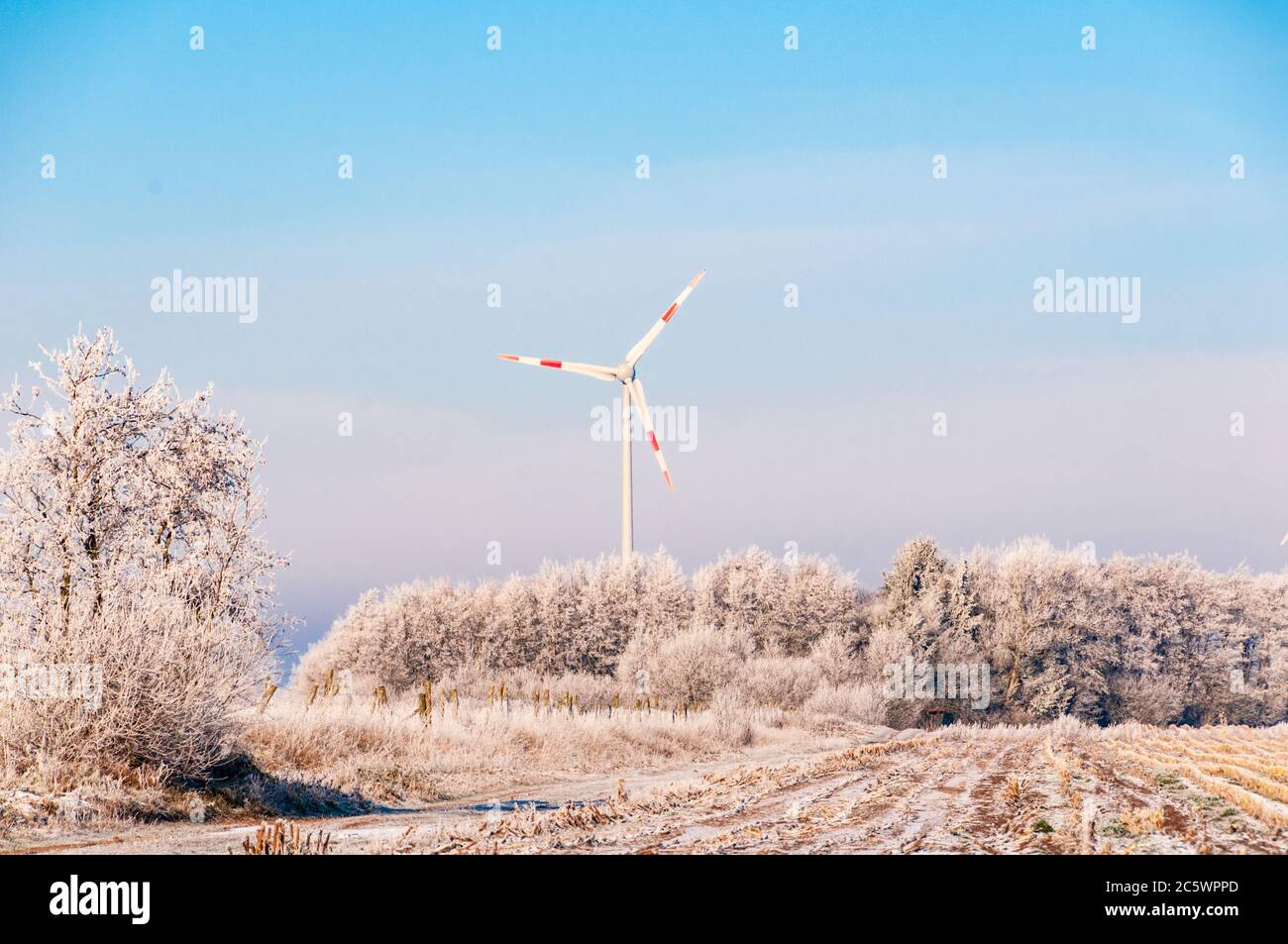 Eine Windkraftanlage im Winter auf einem Feld in Schleswig-Kolstein im Winter Stock Photo