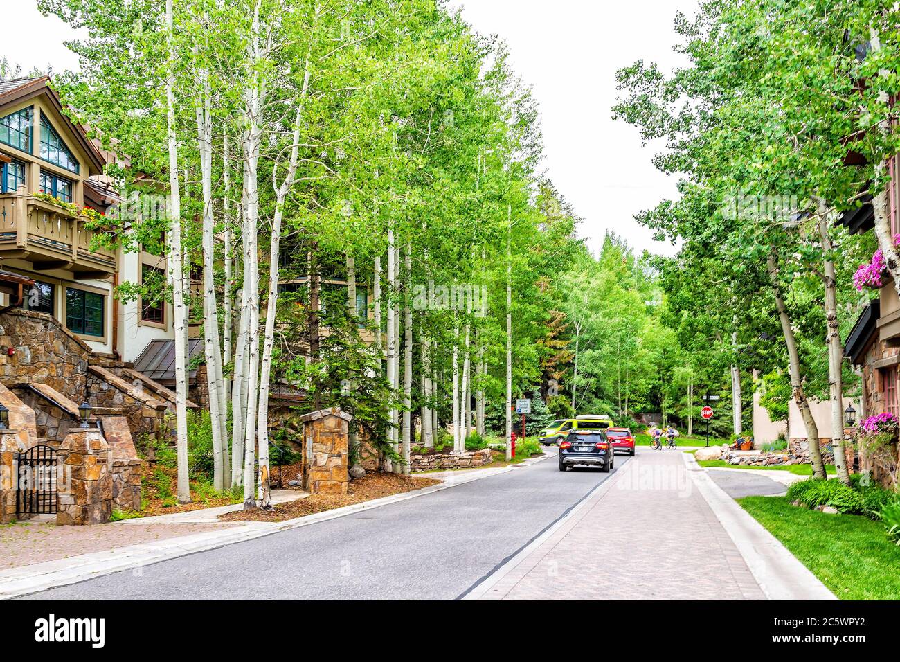 Vail, USA June 29, 2019 Ski resort town in Colorado with cars and