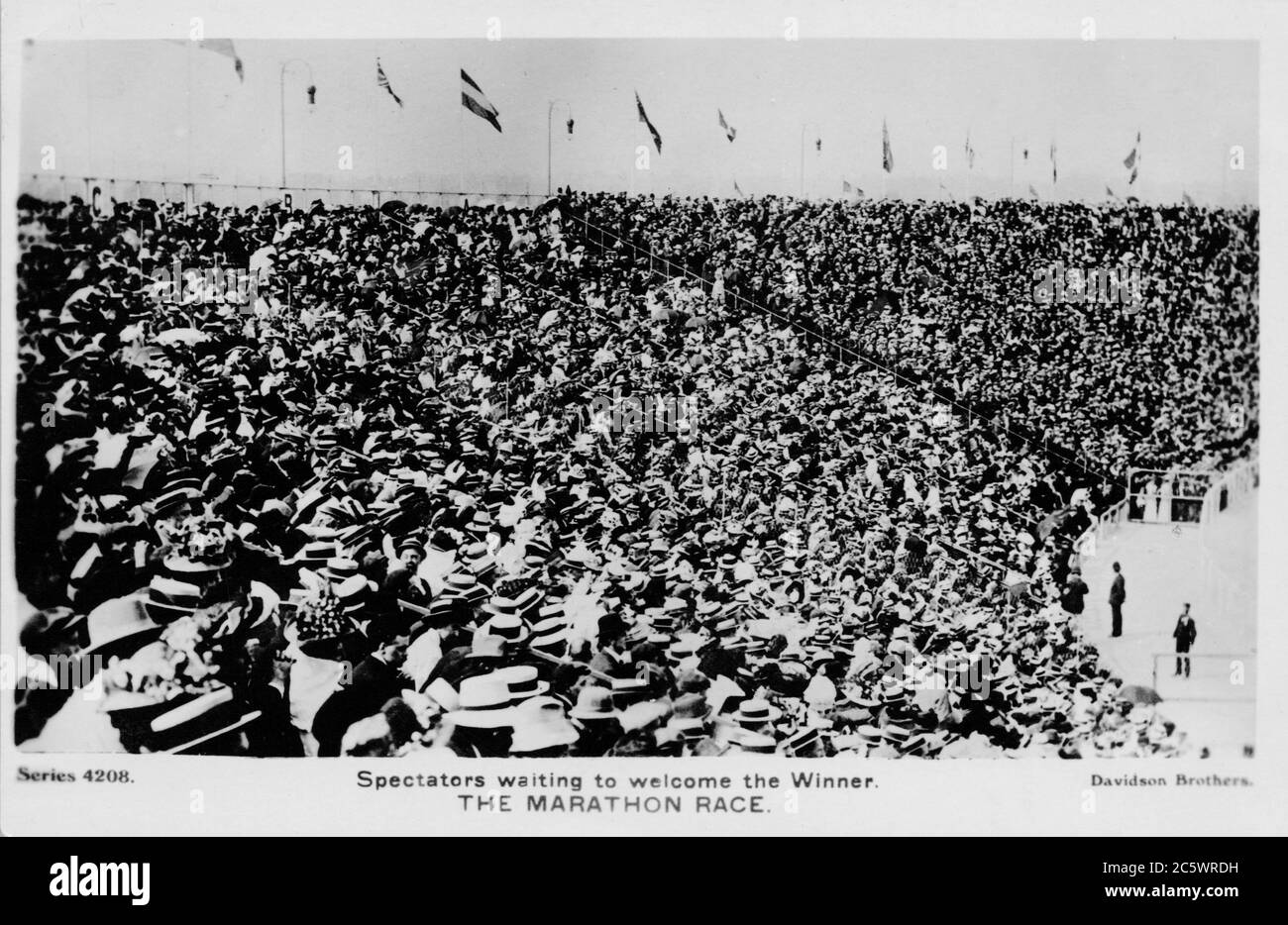 Summer Olympics 1908, The Marathon Race Spectators, London England, old postcard. Stock Photo